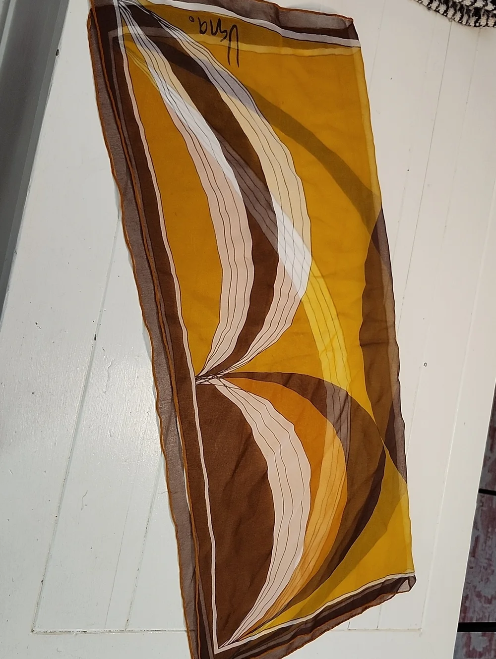 Vintage Vera Neumann Sheer Silk Chiffon Scarf Square Gold Brown Orange White
